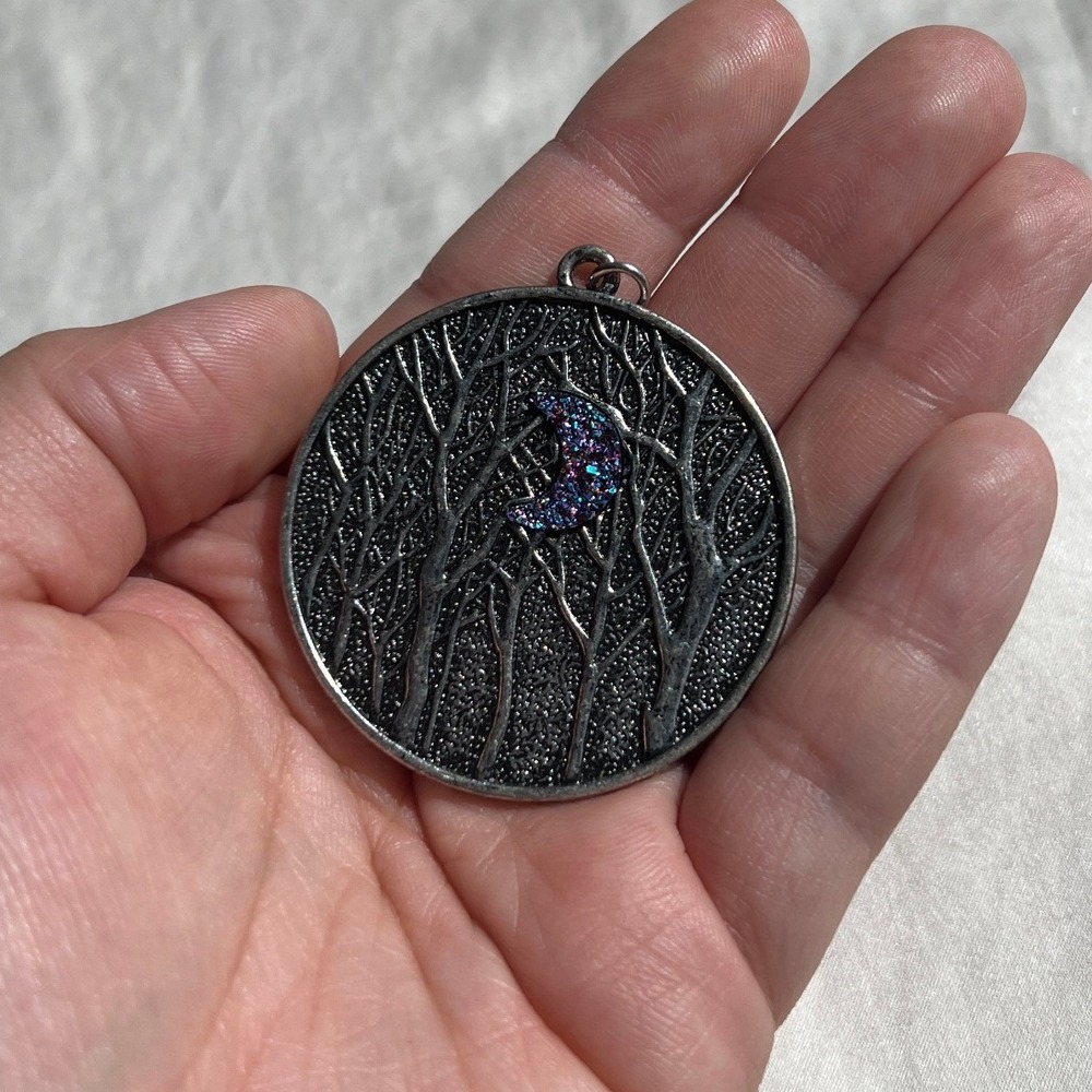 Silver & Black Celestial Moon Forest Medallion Pendant OS Whimsygoth Mystical